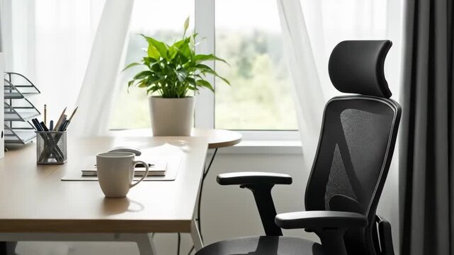 A minimalist home office workspace with a modern ergonomic mesh chair