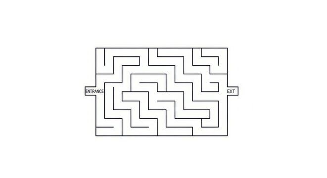 Simple Black and White Maze Puzzle with Entrance and Exit for Business Strategy and Problem Solving Concepts.