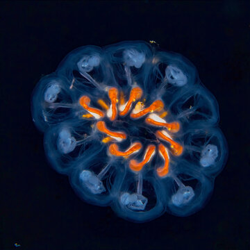 Colorful salp colony illuminated during blackwater night dive in Anilao