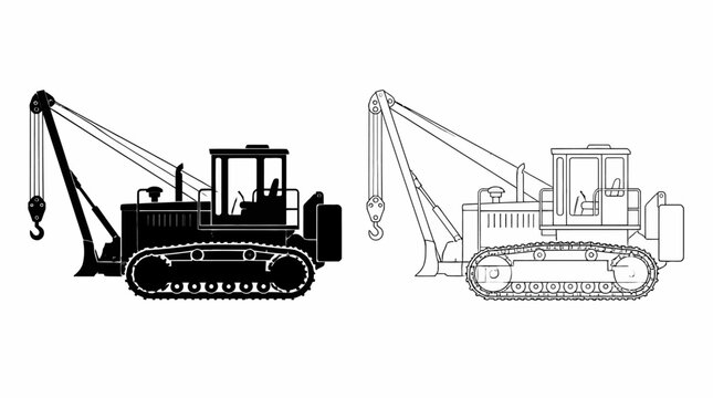 Pipelayer Crawler Tractor Silhouette and Line Art Vector