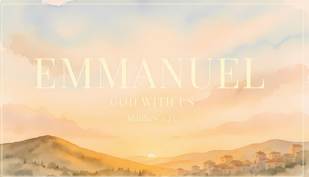 Golden sunrise illuminating soft clouds over holy mountains and peaceful valley with emmanuel message from holy biblical text. Suitable for spiritual backgrounds.