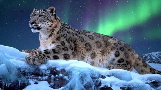 Snow leopard resting on icy mountain ridge at night with vibrant green aurora borealis and starry sky background in cold high altitude winter wilderness.