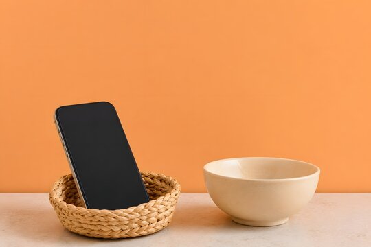 Digital detox smartphone in a woven basket on a warm orange background