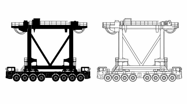 Straddle Carrier silhouette and line drawing for port logistics
