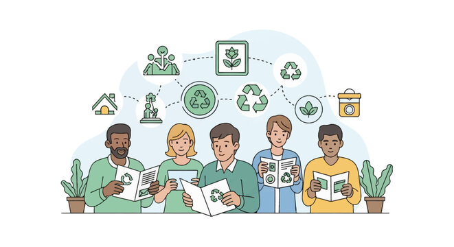 Diversity of people reading leaflets on ecological sustainability with recycling and nature icons on background, community members learning green living concepts vector illustration.