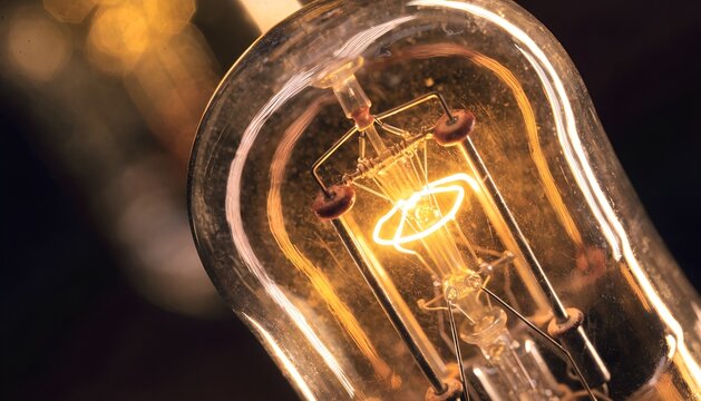 macro of vintage vacuum tube internal element detail warm amber glass glow dark background