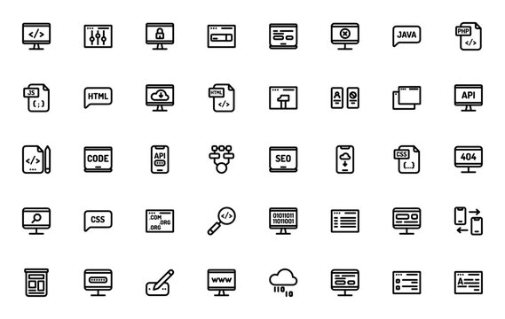 Programming icon set. Coding vector icon set. Minimalist icons pack. Includes symbols for coding, settings, monitor, browser, laptop, error, Java, PHP, HTML and more. Editable vector stroke.