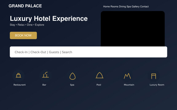 Hotel website header, luxury hotel experience, booking button, hotel icons, navigation menu