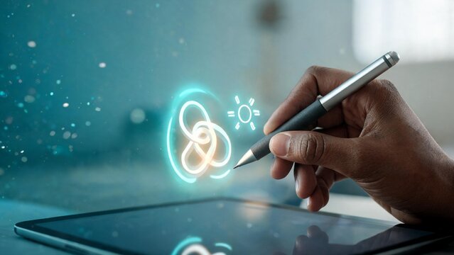 Hand using stylus to draw glowing infinity and sun icons on tablet for digital innovation and creative technology concepts