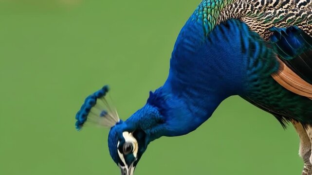 A majestic male peacock showing vibrant blue plumage against green background
