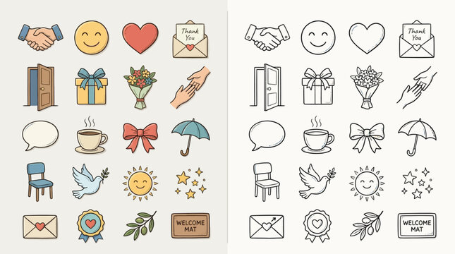 Collection of icons representing positive emotions, relationships, and everyday objects in both color and outline versions.