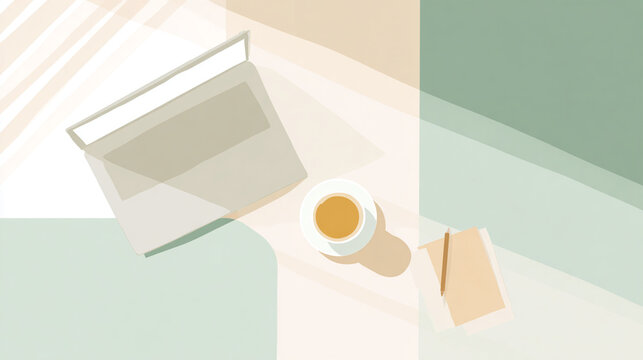 朝の光が差すワークスペースの俯瞰イラスト背景 パソコンとお茶のある在宅勤務素材