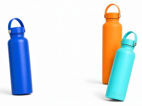 Colorful reusable water bottles mockup on a clean white background