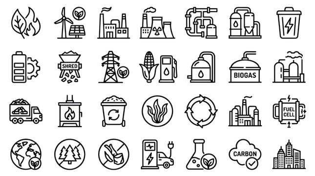 Bioenergy and sustainable waste management line icons.