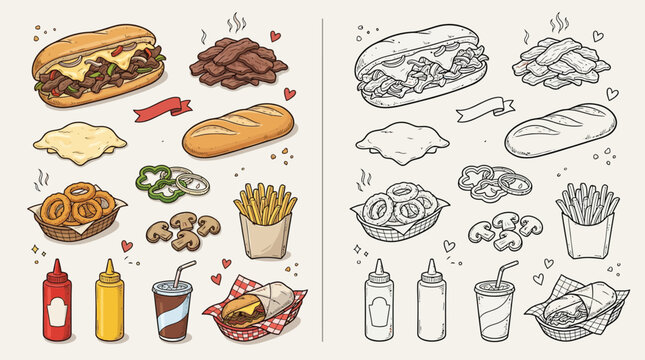 Delicious Cheesesteak Sandwich Ingredients and Meal Components, Color and Line Art.