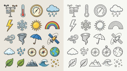 Naklejka premium Collection of weather icons and symbols, including meteorological instruments and weather phenomena, in both color and outline versions.
