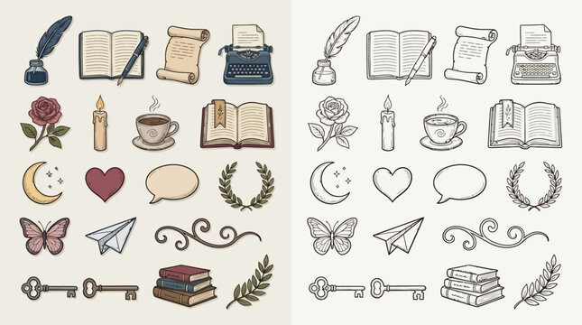 Collection of vintage hand-drawn icons representing writing, reading, and symbols of love and nature.