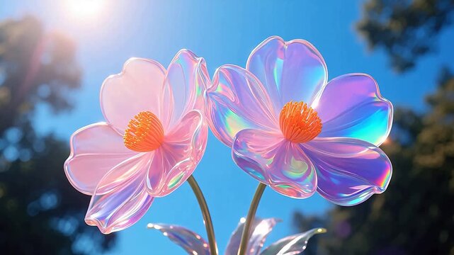Two translucent flowers against blue sky