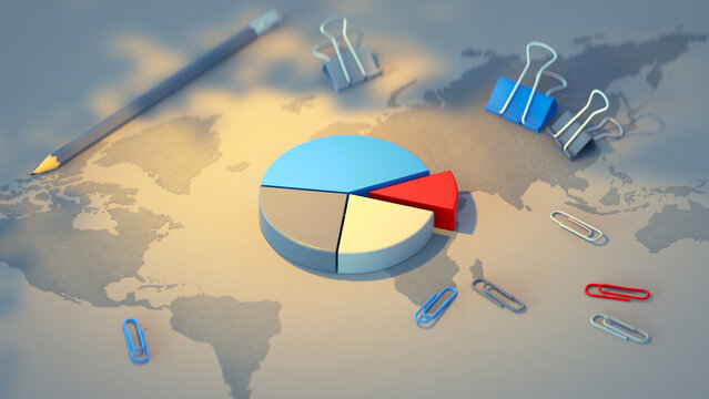 Pie Chart on World Map with Office Supplies 3D Render