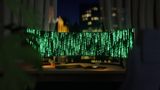 Triple Monitors Displaying Digital Code in Night Office 3D Render