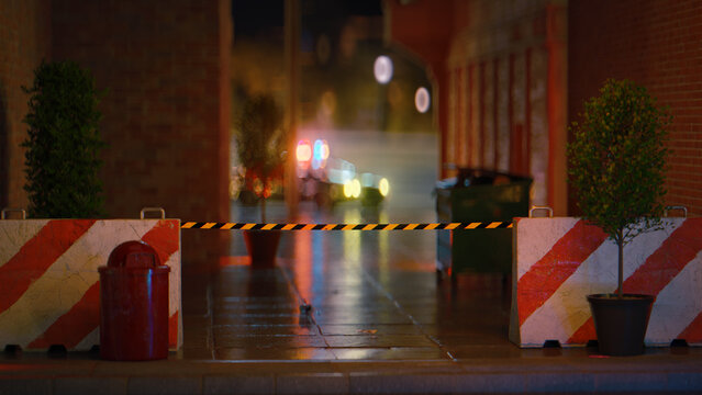 Police Tape Blocking Urban Alley at Night 3D Render