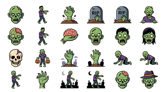 Collection of flat vector icons featuring green zombies, severed hands, skulls, and graveyard tombstones for Halloween