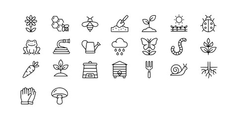 Icon set collection of gardening tools, plants, and nature elements, featuring essential supplies for urban farming, horticulture, and backyard cultivation. © Raka Firdaus 