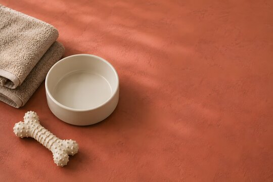 Minimal pet care bowl and toy setup on a red clay floor