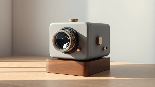 Minimalist 3D Product Concept of Mechanical Mini Projector with Ceramic Body and Brass Details