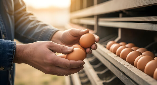 Farmer Collecting Fresh Brown Eggs During Sunset on an Organic Farm in a Rustic Countryside Setting