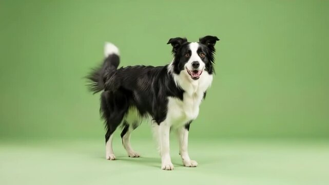 A happy border collie standing confidently against a solid light green background