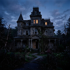 Obraz premium Gothic style castle with ivy covered walls at dusk.
