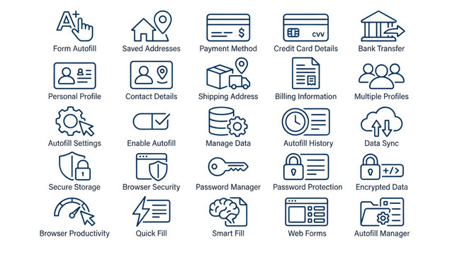 Browser autofill and password security line icon set.