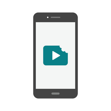 Modern smartphone displaying a play button icon with a bite mark, symbolizing digital media consumption and content access