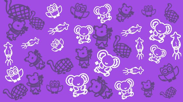 Cute Cartoon Animals Pattern Seamless Background Purple Owl Koala Turtle Squid Illustration