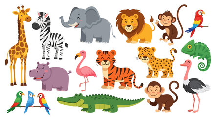 Fototapeta premium Colorful African safari animal illustration set for kids.
