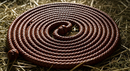 Naklejka premium Brown Woven Rope Coiled in a Spiral Shape on Dry Hay Surface Outdoors