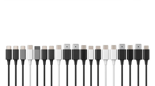 Cable ports chargers usb cables plugs connectors set types mobile phone cords collection black smartphone connection wires white background