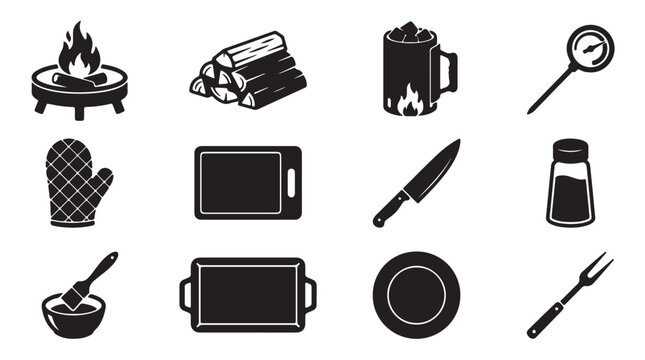Black and white camping icons set, outdoor cooking symbols, barbecue, fire, utensils, 10 vector graphics