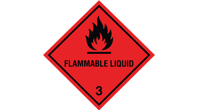 Bright red diamond shaped flammable liquid hazard warning sign with a bold black flame icon