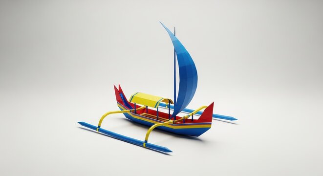 3D Low Poly Model of a Traditional Filipino Outrigger Boat Banca with Blue Sail and Colorful Hull on White Background