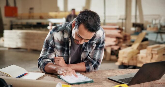 Tablet, carpenter and laptop with man in workshop for woodworking inventory, research and artisan. Furniture checklist, quality assurance and online report with person in factory for production