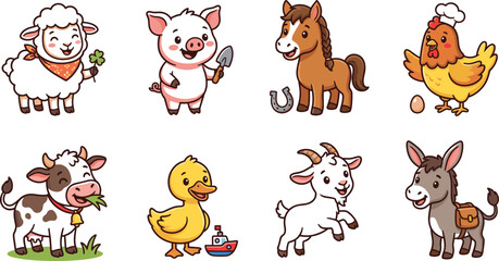 Obraz premium Cute Farm Animal Cartoon Character Vector Set for Kids Education and Nursery Design