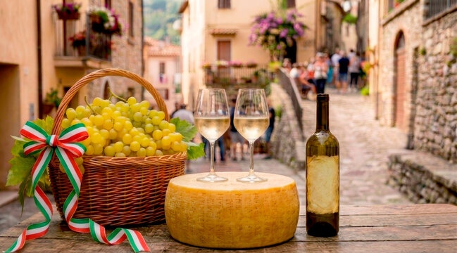 Traditional festive still life with tasting of white wine and parmesan cheese on a cozy Italian street