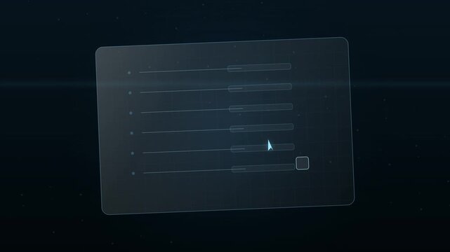 Minimalist digital interface loading animation with glowing cursor and menu list structure on dark background