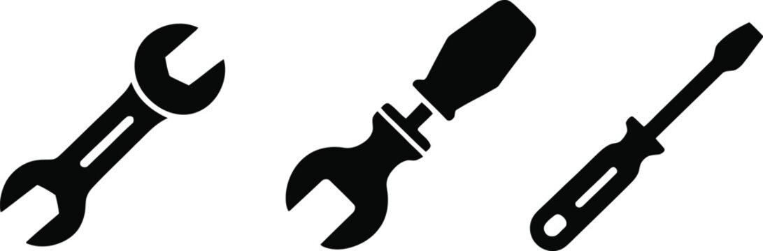 Mechanic hand tool icons featuring open-end wrenches, flathead screwdriver, adjustable spanner, and repair equipment in black silhouette vector style.
