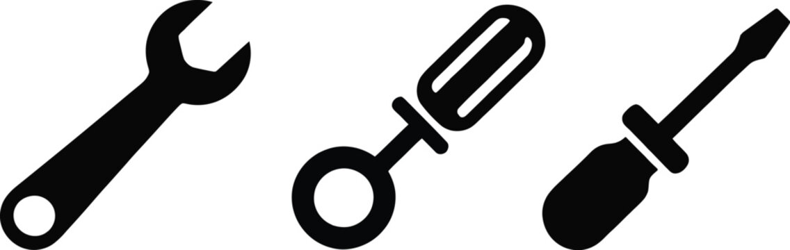 Mechanic hand tool icons featuring open-end wrenches, flathead screwdriver, adjustable spanner, and repair equipment in black silhouette vector style.