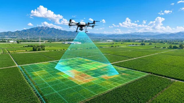 Drone scans a green farmland with a glowing data grid and sensing beam