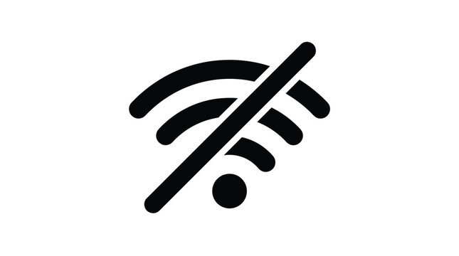 Minimalist black wifi symbol with a diagonal strike through indicating no internet connection or signal
