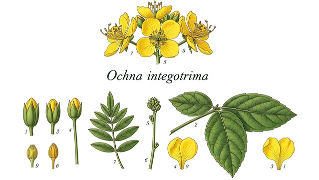 Scientific botanical diagram displaying the individual parts of the Ochna Integerrima flower, including leaves, stems, sepals, and blooming yellow petals.